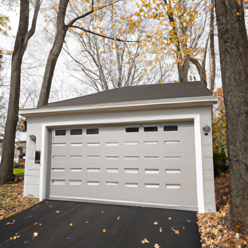 Suburban Chatham home with a modern insulated garage door and tree-lined driveway on an autumn day.