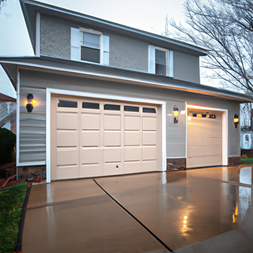 Modern steel garage door on a Chatham, NJ suburban home at dawn with wet driveway and clear architectural detail.