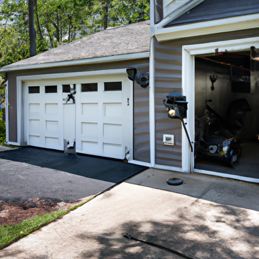 Suburban Chatham, NJ garage with partially open door showing tracks, panels, and opener equipment, no people.