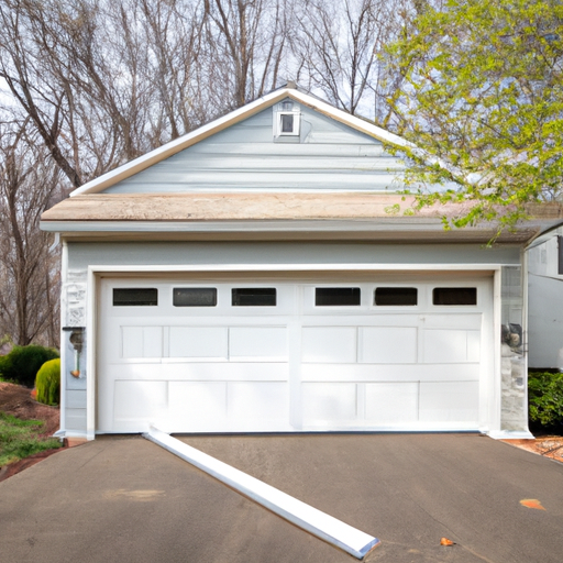 Suburban Chatham driveway with a closed insulated garage door, visible weatherstripping and opener rail in soft morning light.
