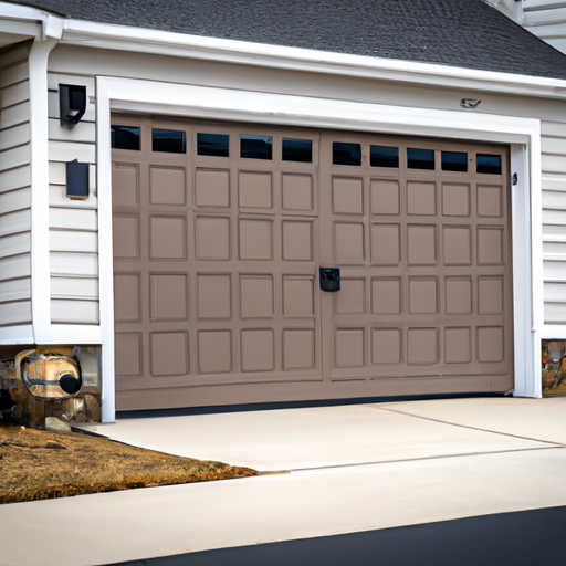 Suburban Chatham home exterior showing a sectional garage door with visible sensors and weather seals under overcast sky.