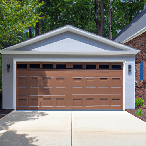 Suburban Chatham home with modern steel-panel garage door on a clear, overcast day.