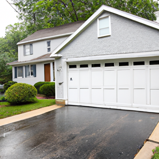 Wide view of a Chatham driveway with a steel raised-panel garage door partially open after light rain.