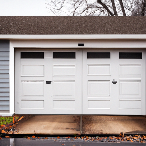 Sectional garage door on a Chatham, NJ home with visible weather seals and a wet driveway on an overcast day.
