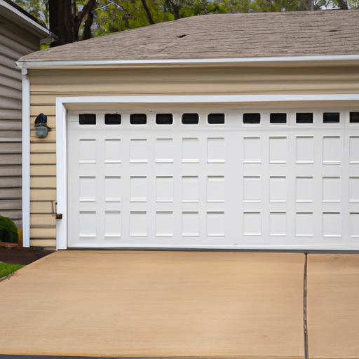 Suburban Chatham driveway with a closed garage door and visible weatherstripping, early morning light, no people.