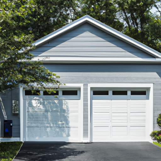 Two-car suburban garage in Chatham, NJ with visible opener unit and closed steel garage door, driveway and shrubs.