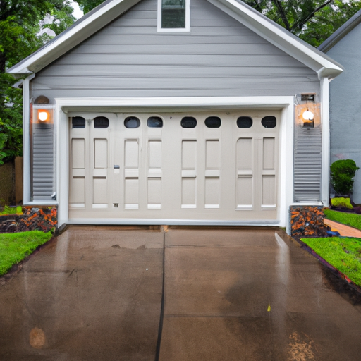 Suburban Chatham home with a modern garage door and wet driveway in overcast late-afternoon light.
