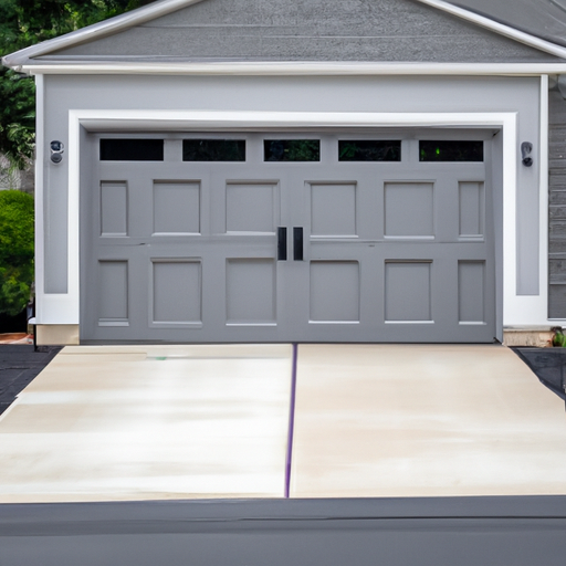 Suburban Chatham, NJ home exterior with a closed modern sectional garage door, shrubs and driveway visible.