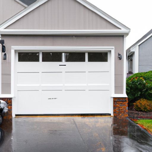 Suburban Chatham garage door with visible weather seal and opener arm on an overcast day, wet pavement nearby.