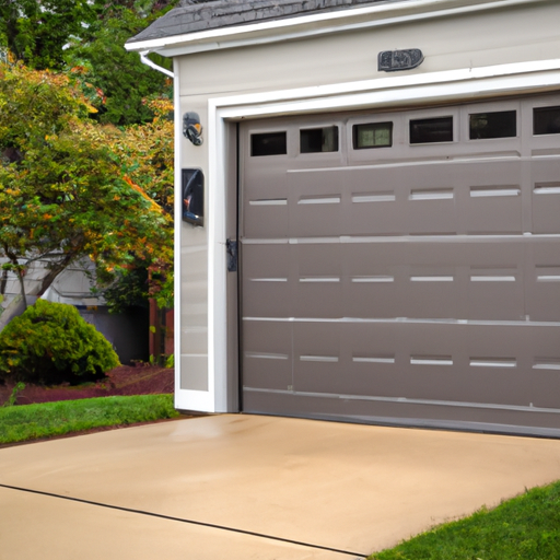 Suburban Chatham driveway with a modern smart-enabled garage door and exterior keypad visible under overcast sky.