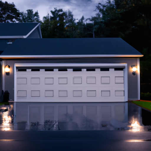 Suburban Chatham garage at dusk showing a sectional garage door slightly open, wet pavement and mature trees.