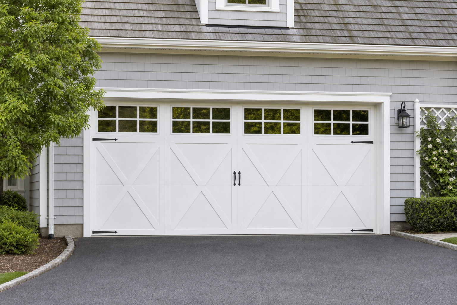 Suburban garage door on a Chatham, NJ home exterior in natural daylight